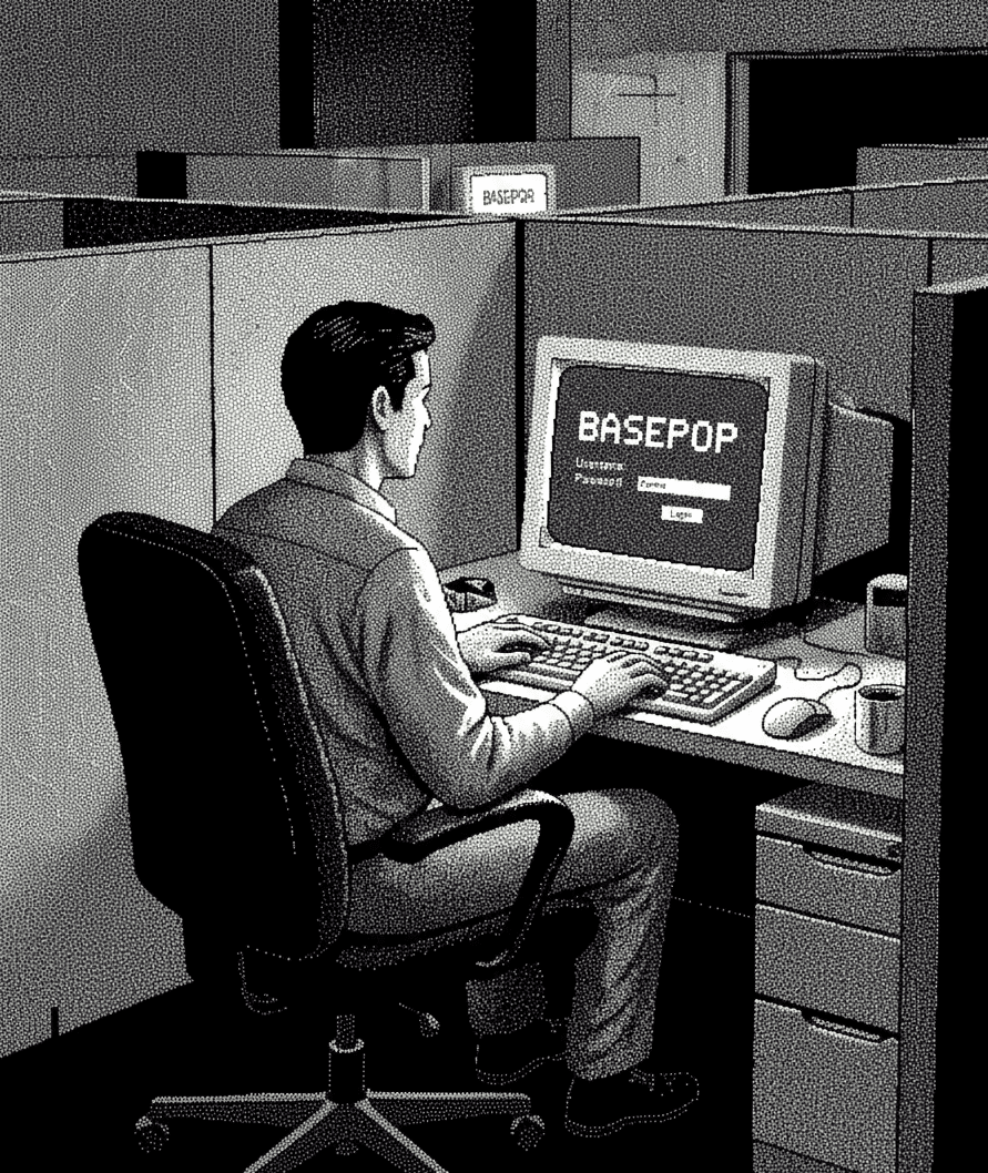Pixelart of man logging into basepop on a computer